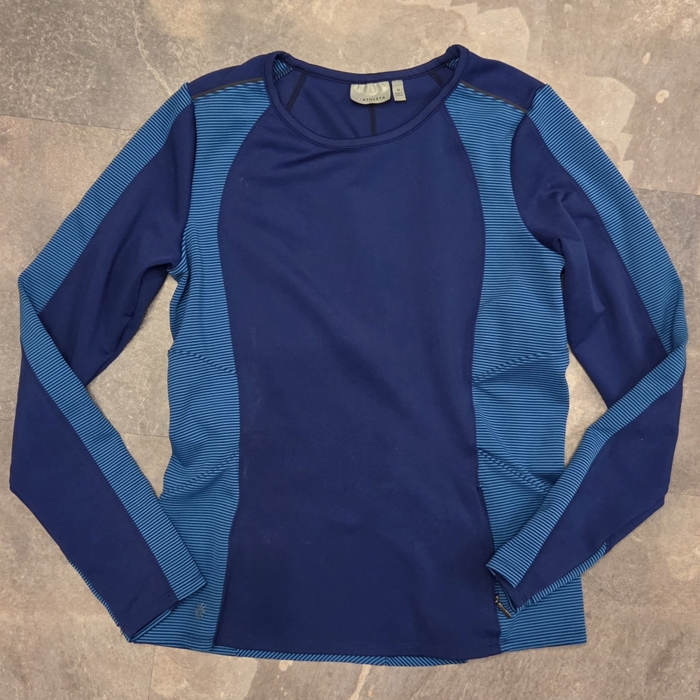Athleta Spotlight Blue Stripe Pullover Light Sweatshirt Top Women's Size M